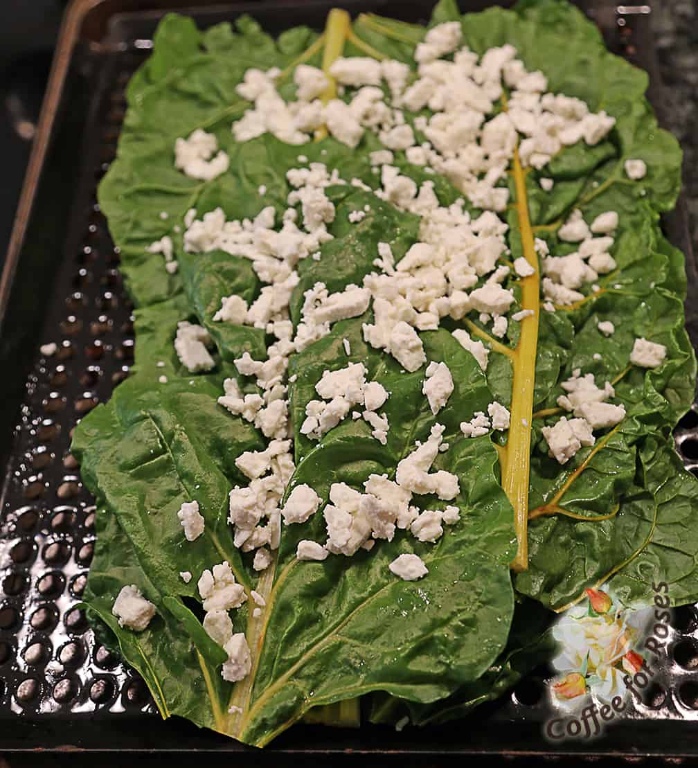 Cover the first layer of cheese with two or three more chard leaves (no need to oil these) and top with the next layer of cheese. I used fat-free feta for the second layer.