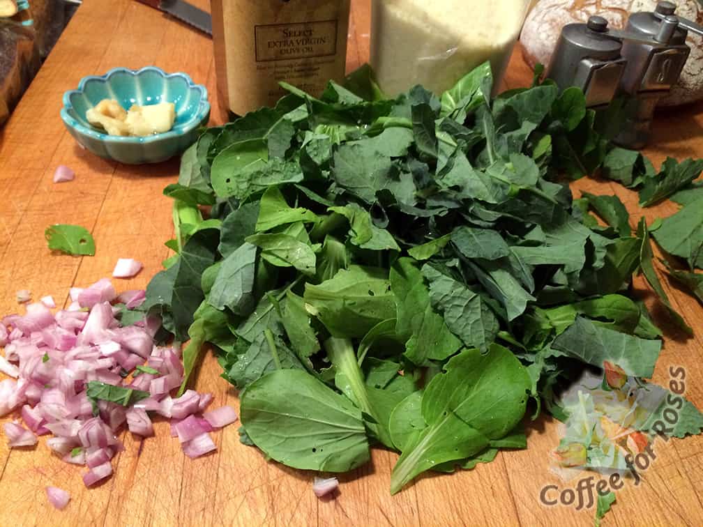 I washed the greens and roughly chopped them. I also chopped the shallots. 