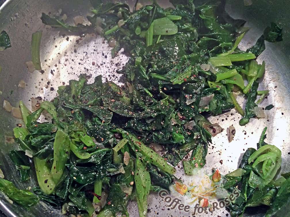 You can use the green sof your choice. Stir fry over medium heat, tossing and stiring frequently. If they seem to be sticking to the pan, add some water or stock and stir as the greens get coated with the liquid.