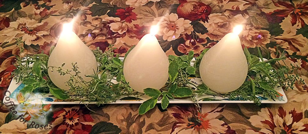 Candles that are shaped like pears or pinecones are especially appropriate for the winter holidays. Don't use scented candles, however...let the fresh herbs provide the fragrance. 