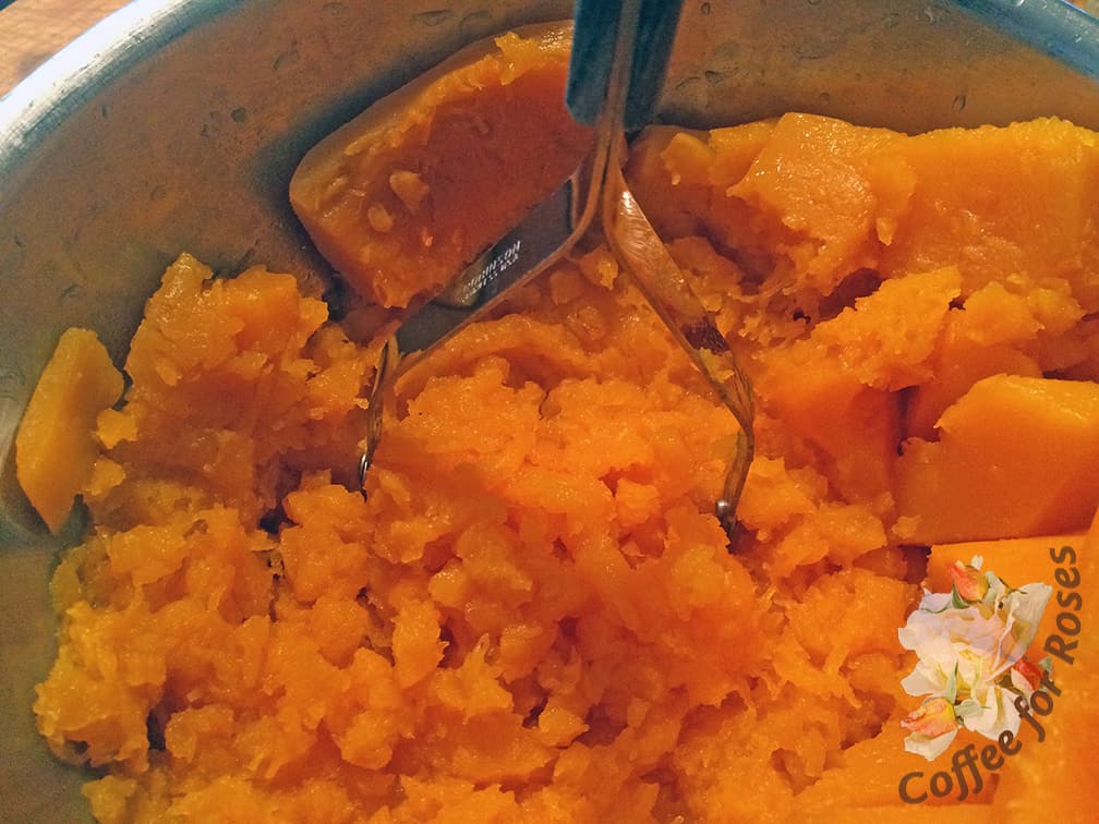 Steam butternut squash until soft, drain and smash with a potato masher.