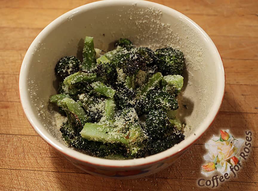 Toss the broccoli with the grated cheese and cover until the other veggies are ready. 