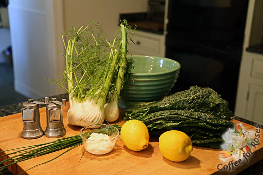 These are the ingredients for this fresh, lemony slaw. There are many variations you can make and additions you might add.