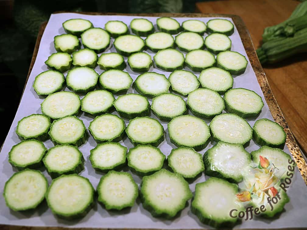 Roast the summer squash by slicing them about 1/2 to 1/3 inch thick. Place them on a parchment paper lined cookie sheet and you don't have to oil them at all. Roast them in a 375 degree oven. Depending on your oven heat this will take 30 to 45 minutes. You'll turn the slices over once in the middle of that roasting time.