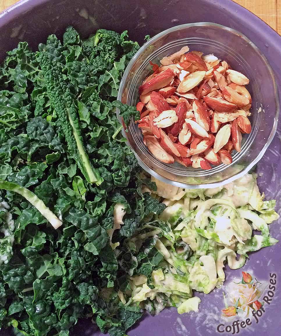 You can make this up to one day in advance by doing the following: follow recipe up to this point. Put the Brussels sprouts in a bowl and toss with the dressing, but keep the kale and nuts separate. Refrigerate and remove to warm to room temperature about 20 minutes before serving. Toss all ingredients and serve.