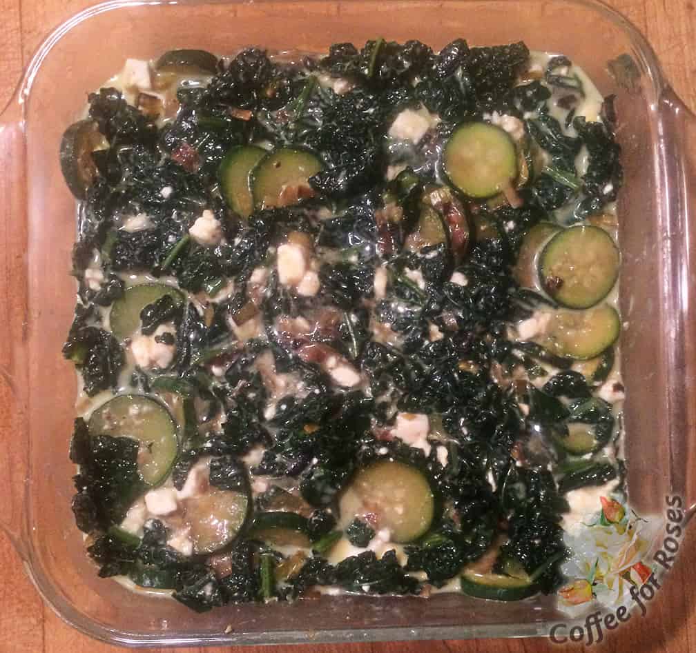 Pour the milk and egg mixture over the veggies and place in the oven to bake for about 35 to 40 minutes.