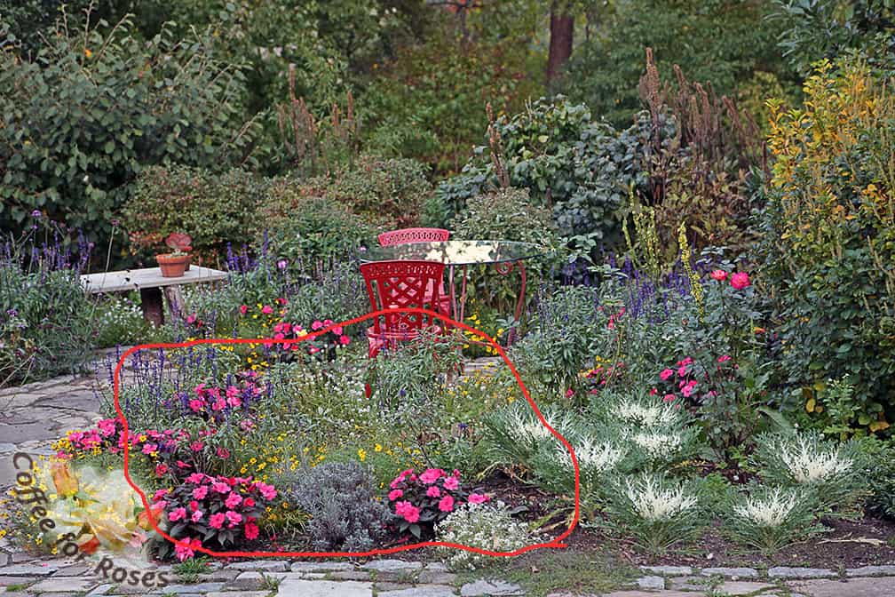 All of the places in this garden where  Sunpatiens, Victoria Salvia, Goldilocks Rocks Bidens and Frosty Knight Lobularia flower now were filled with corn poppies in May and June. Those annual poppies grow over and around the annuals early in the summer. Once the poppies have gone to seed in late-June I pull them out in order to allow the annuals to get more sun.  