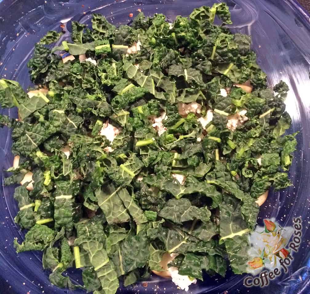 I sliced the Tuscan kale into ribbons and put a layer on top of the first ingredients.