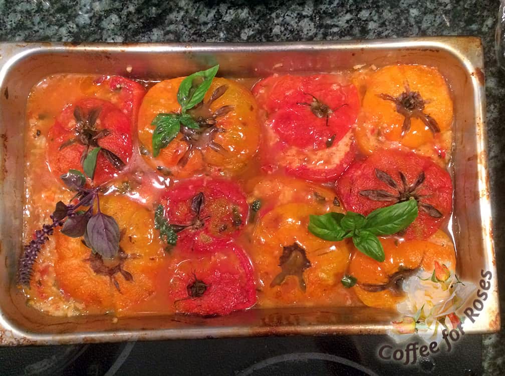 This is what the stuffed tomatoes look like when they are finished cooking. 