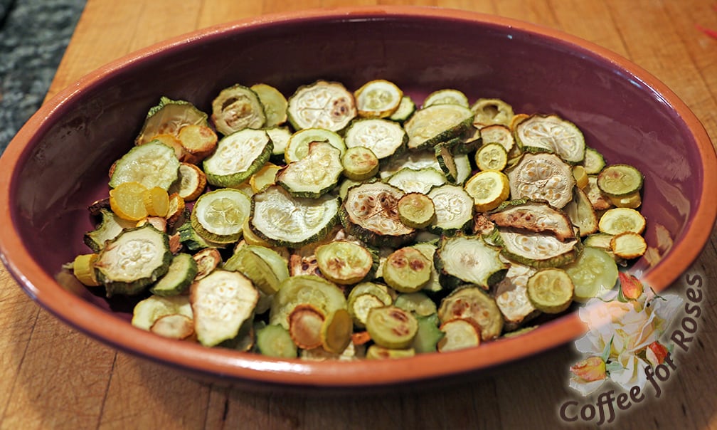 After it's roasted, oil a baking dish and place a layer of the roasted squash on the bottom.