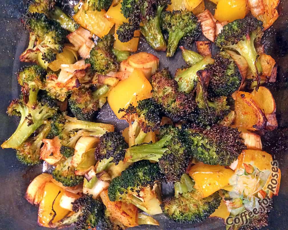 Roast for about 30 minutes at 375 f. - stir at least twice in that time. Remove from oven when the edges of veggies start turning dark brown and they are all tender but not mushy.