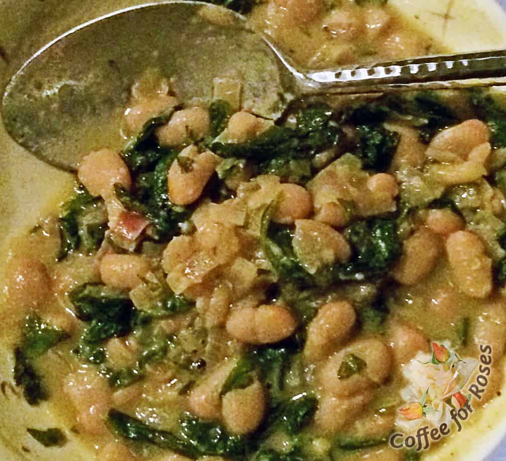 Two of my winter staples are fresh organic spinach and white beans. The seasonings can go in any direction