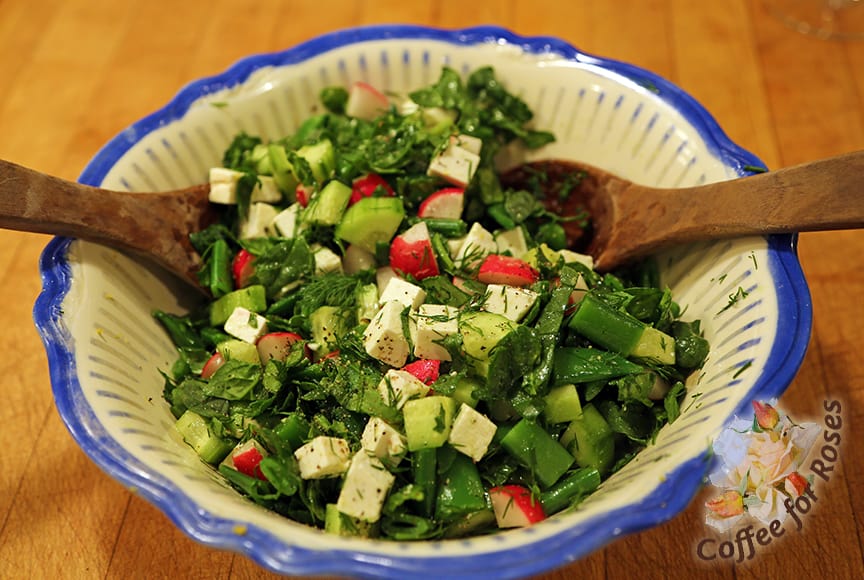 Toss the dressing with the salad ingredients and serve. This salad is great with a good crusty bread.