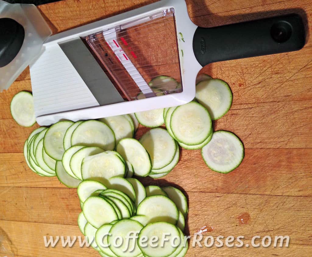 I love the mandolin for slicing the zucchini very thin. Be sure to use the tool that holds it once the squash gets smaller so you don't shave your fingers too!