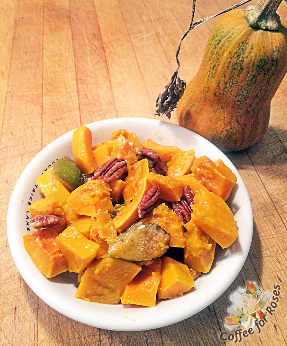 Winter squash combined with a fall fruit and nuts...toss with a walnut oil balsamic, and maple syrup vinaigrette dressing.  