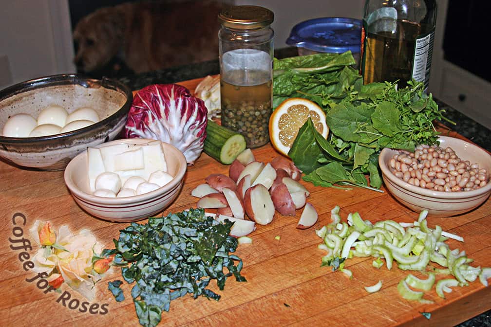 Here is what I had available. The key to making this salad delicious is to include a variety of flavors and textures. The cheeses and eggs gave it the "weight" of a dinner meal, and the veggies provided flavor and textures. I love lemon and capers in such salads as they add bright flavors and salt.
