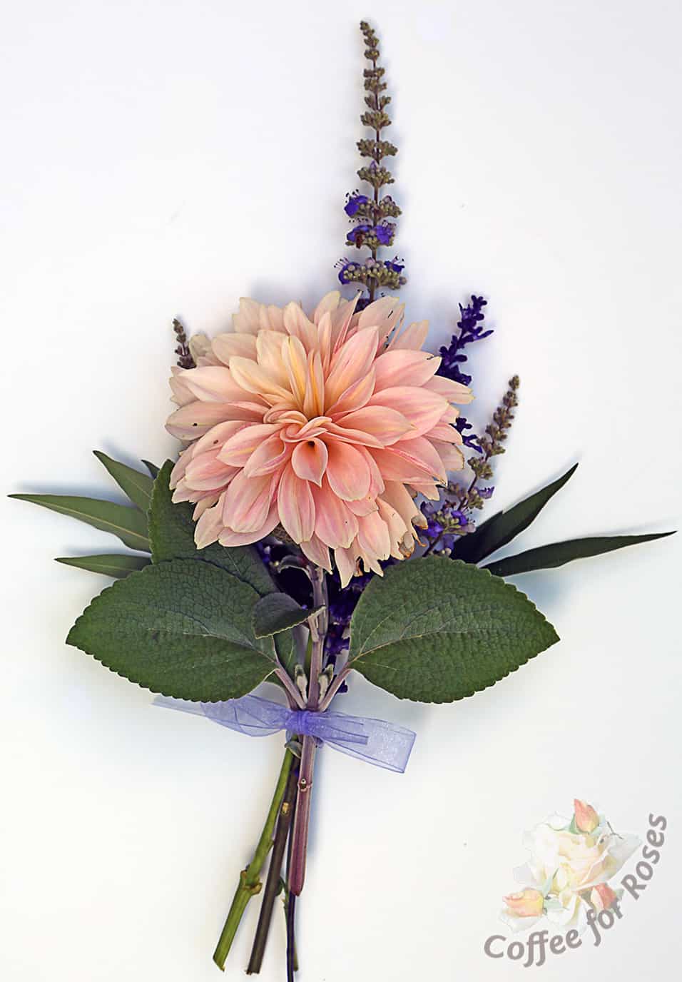 A dahlia, sage leaves, annual blue salvia and a stem from my Vitex shrub is what I used in my first bouquet, gathered on September 27th.