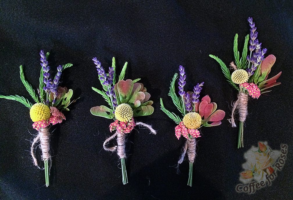 I made the boutonnieres first. Because the bride and groom loved the whimsical billy-ball flowers, I ordered those, some roses, stock and lisianthus from an on-line flower source.