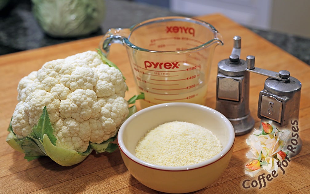 Here's the main ingredients: Cauliflower, Parmesan cheese, chicken or veggie stock, salt, pepper and olive oil.