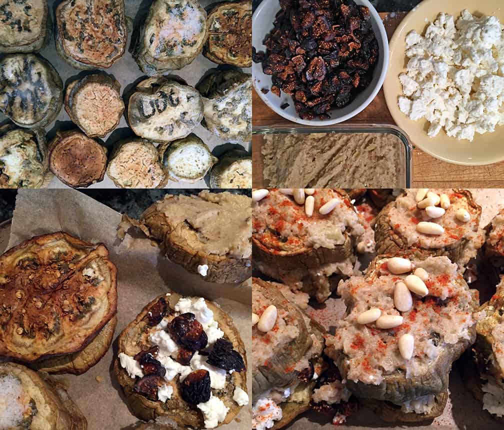 Clockwise from top left: rounds of semi-frozen roasted eggplant; pre-chop the figs, crumble the feta and make the fennel puree...you can do this while roasting the eggplant or letting frozen eggplant thaw; pairs with the cheese and fig on one side and the underside of the top spread with puree; top each stack with some more puree, paprika and pine nuts.