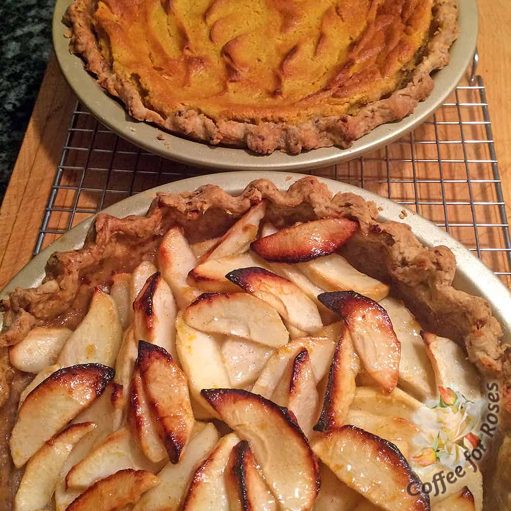 Here are the pumpkin pie and an apple tart we made for Thanksgiving this year. We always use our home-grown butternut squash instead of pumpkin (better flavor) and we make the Sour Cream Pumpkin PIe Recipe from the New York Times Cookbook by Craig Claiborne. The apple tart was an on-the-fly-make-it-up-as-we-go recipe, as most of our fruit tarts seem to be.