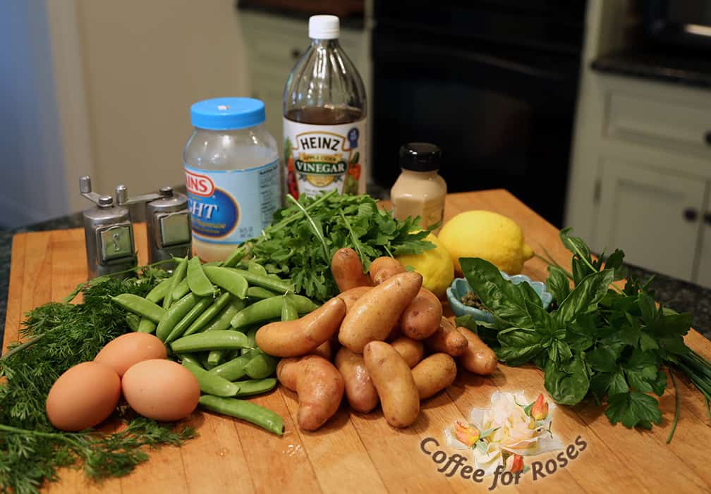 Here are the ingredients assembled and ready to prepare the salad. Once everything is picked and washed things go together very quickly.