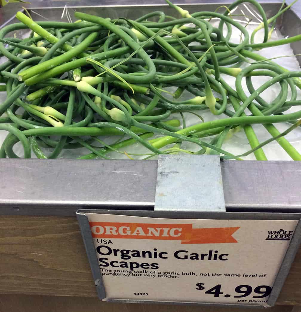 Yes, you can buy garlic scapes at the store, buy why??? Plant garlic cloves in the fall, and you'll have scapes as well as heads of garlic the following summer.