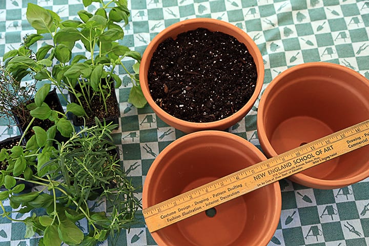 I've used pots that are 8" across. Be sure not to put rocks, shards, or anything but potting soil into the pot. Do not cover up the drainage hole! Don't worry - as the soil settles and the roots grow very little leaks out.