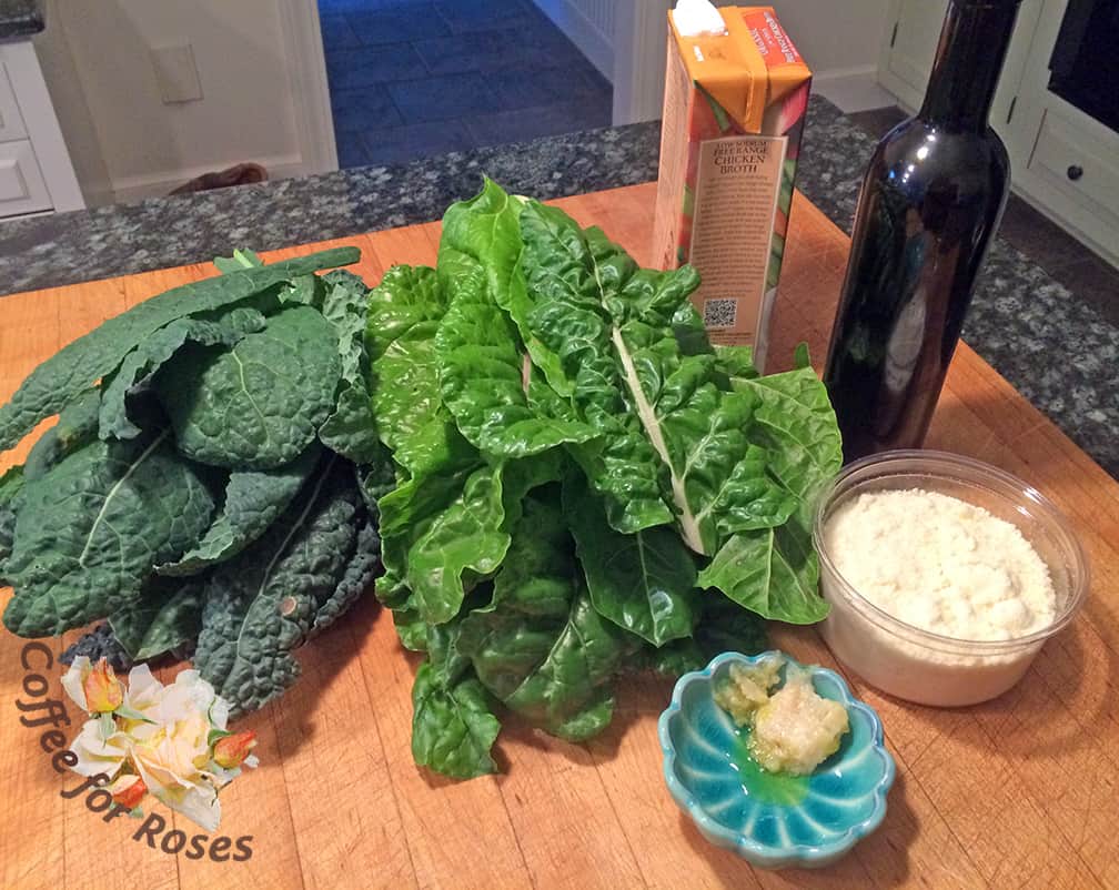 Here are the basic ingredients: kale, chard, roasted garlic (you could use raw), Parmesan cheese, olive oil, and chicken or veggie stock. Bacon too, if desired, and salt and pepper to taste.