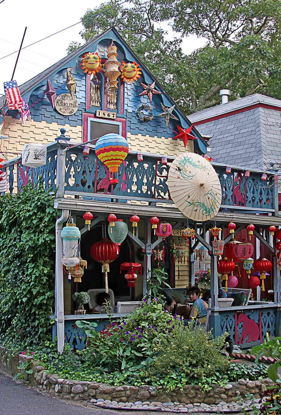 At Illumination in Oak Bluffs the already charming Victorian cottages are decked out in all manners of paper lanterns and parasols. Some are new and others quite old. They are as colorful and magical in the daytime, before they are lit, as they are in the darkness once the signal is given to illuminate!