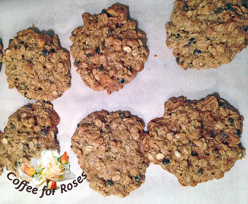 Here's the secret to a chewy oatmeal cookie: take the sheet out of the oven just BEFORE the cookies look done. See how these are still just a bit shiny in the centers? They will continue to cook once removed from the oven, but they'll stay soft as well. So when you look at them and think "just a minute more..." take the tray out instead.