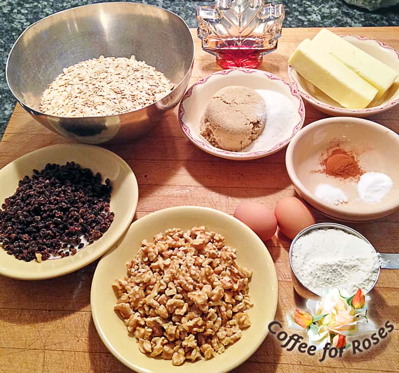 Assemble ingredients - chop or break walnuts if needed. It's easier to mix if the butter is at room temperature.