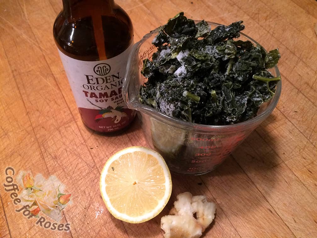 I added frozen chopped kale from the garden, roasted garlic (also from the garden, roasted fresh and frozen for future use) some tamari and lemon juice. 