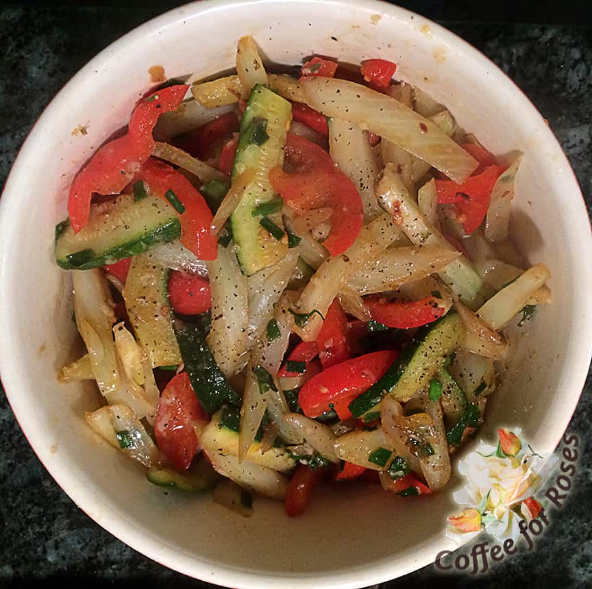 Put these into a bowl. With the addition of a bit more olive oil and Parmesan cheese, this would be a great combination with the pasta of your choice. We ate these veggies as a side dish with grilled chicken sausage.