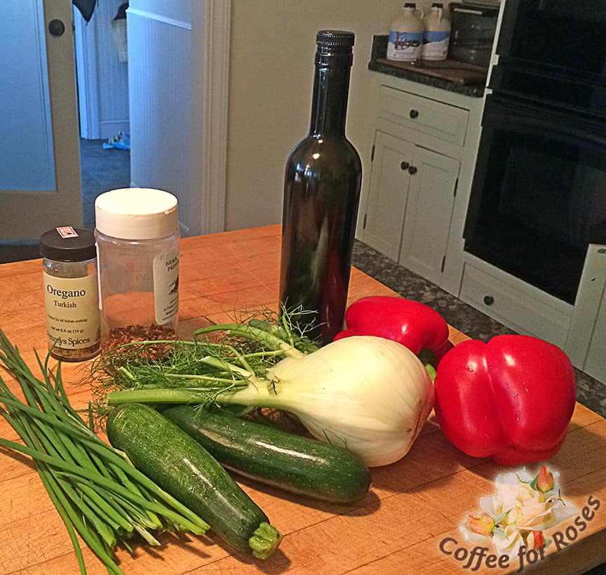 Here's what you need: Red peppers, a fennel bulb, zucchini squash, chives, red pepper flakes, black pepper, oregano and salt to taste. A sprinkling of Parmesan cheese can be used for a finishing garnish if desired.