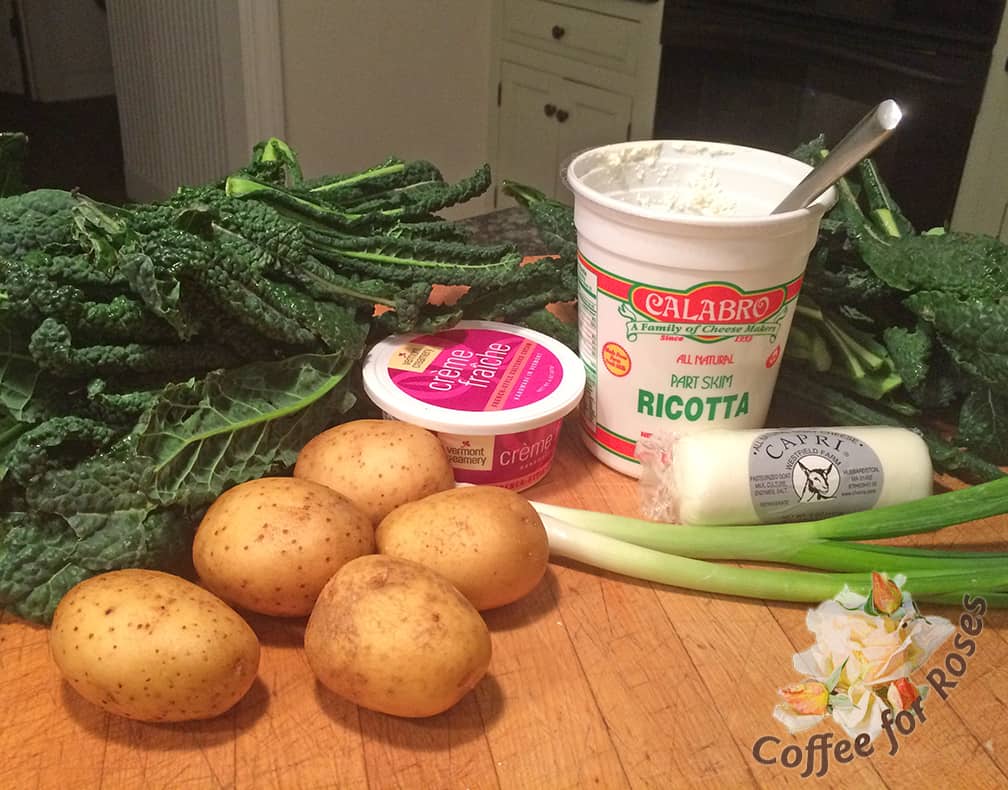 Here's what I had on hand: potatoes and kale from the garden. (We picked the kale last night!)  Crème fraîche, part-skim ricotta, and a log of goat cheese left from our New Year's cooking, and two scallions.