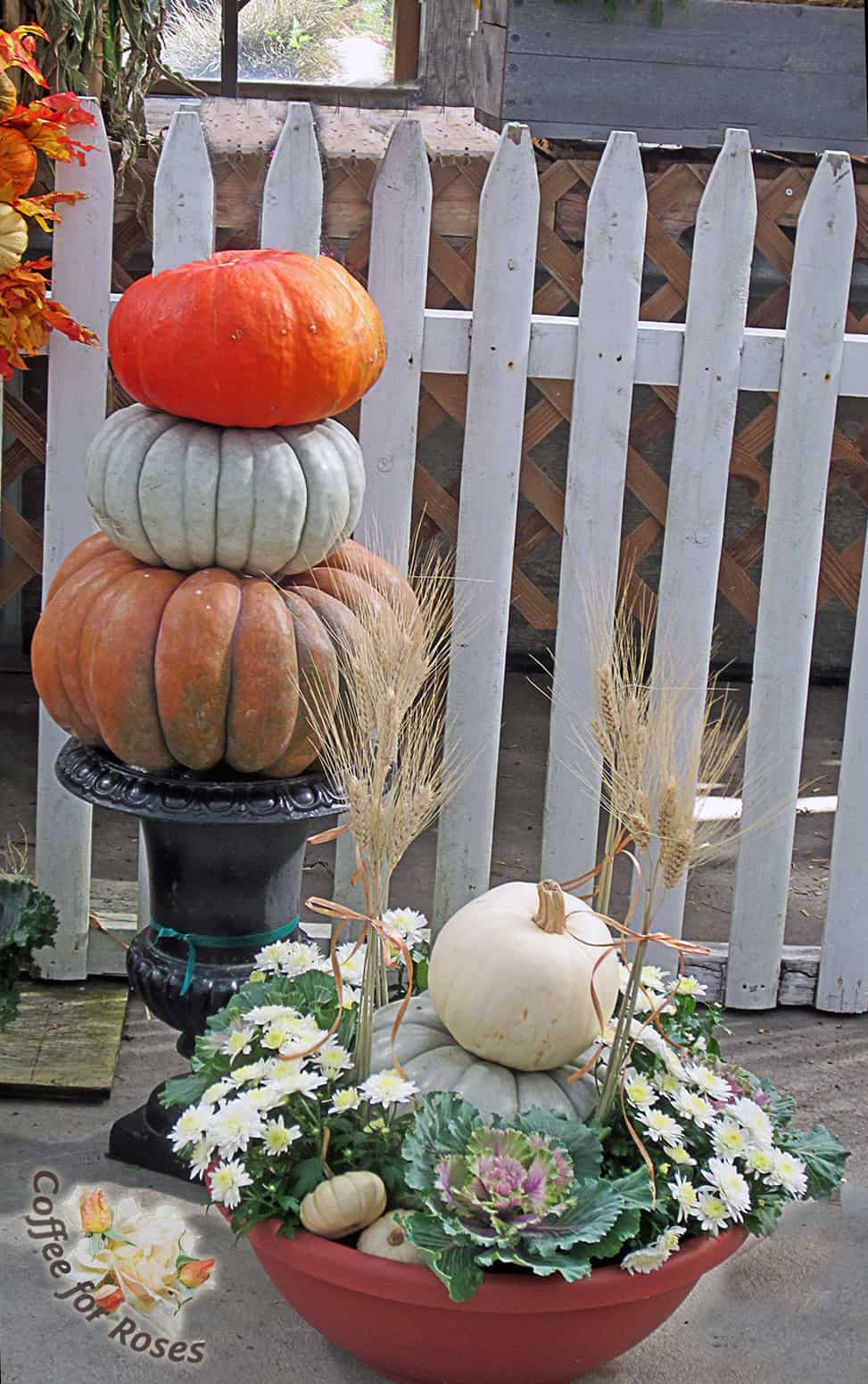 An urn is the perfect base for a pumpkin stack. 