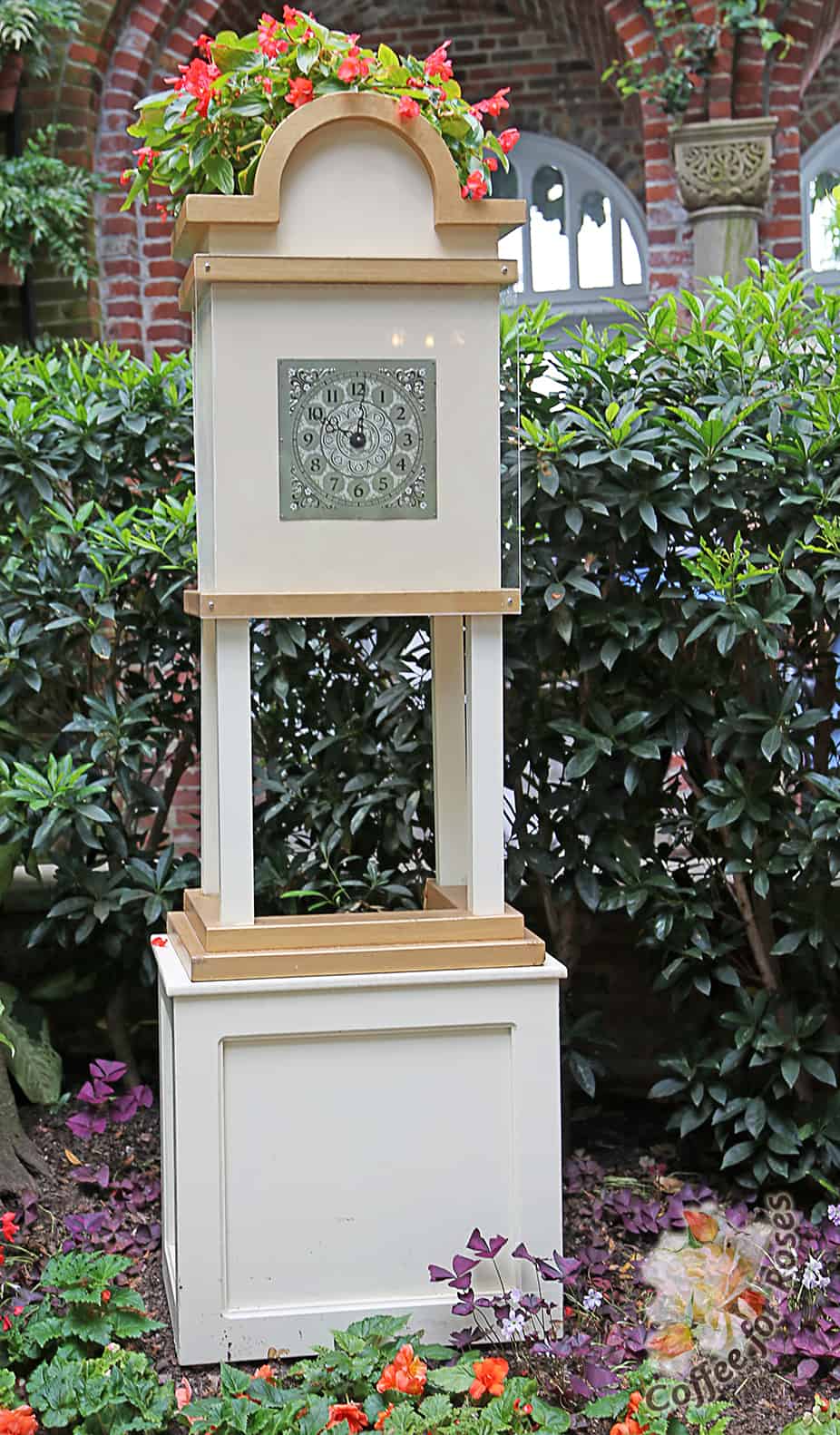 This clock planter at the Phipps Conservatory and Botanical Gardens in Pittsburgh, PA is another example of thinking outside the pot. Manmade structures like this provide a good contrast to the textures of foliage, and this one does triple duty as an upright element, planter and focal point structure.