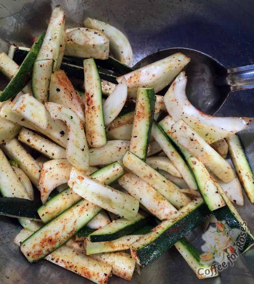 Cut the veggies into similar sized sticks. I tossed my two zucchini and one fennel bulb sticks with a tablespoon of olive oil. Sprinkle with the seasonings of your choice - I used freshly ground pepper, smoked paprika and just a touch of salt.